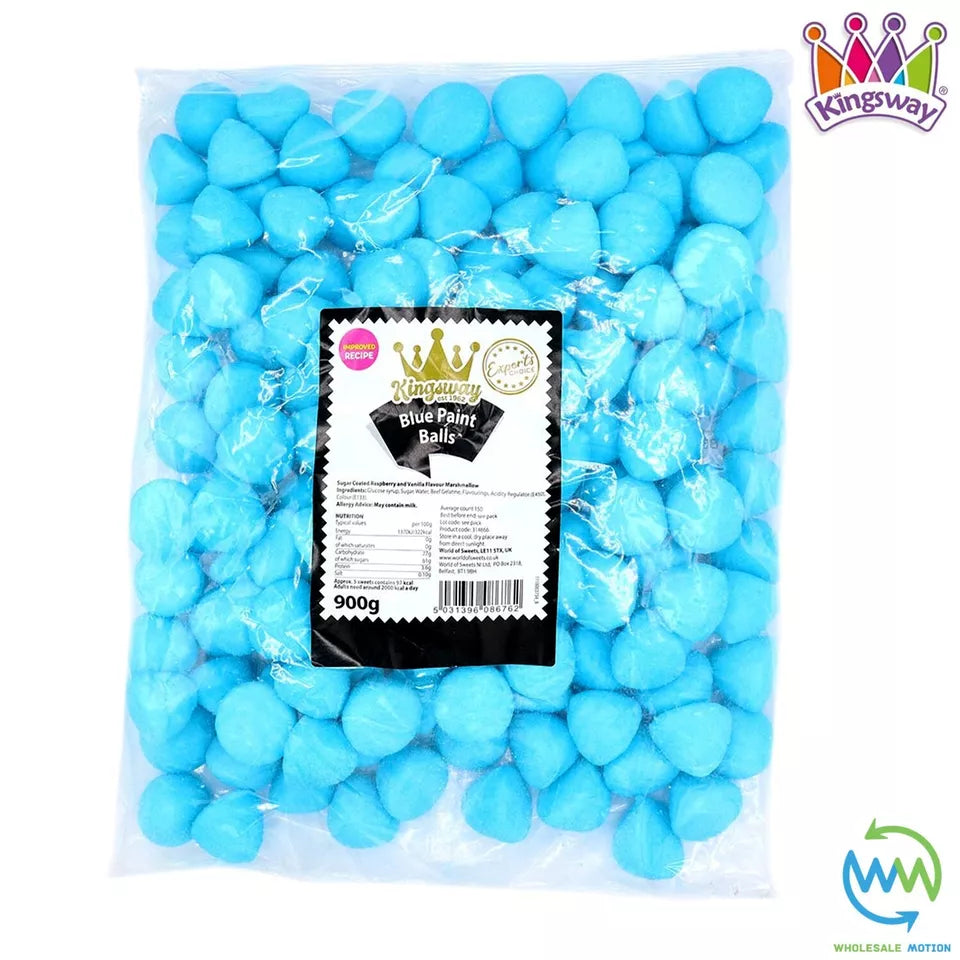BLUE PAINT BALLS Sweets RASPBERRY Gummy Candy MARSHMALLOW Jelly GUMMIES Jellies Mallow SUGAR COATED Vanilla Snack Kingsway PICK N MIX UK