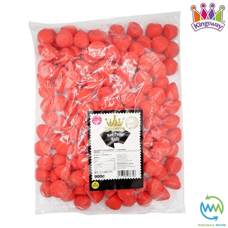 RED PAINT BALLS Sweets STRAWBERRY Gummy Candy MARSHMALLOW Jelly GUMMIES Jellies SUGAR COATED Mallow Vanilla Snack Kingsway PICK N MIX UK