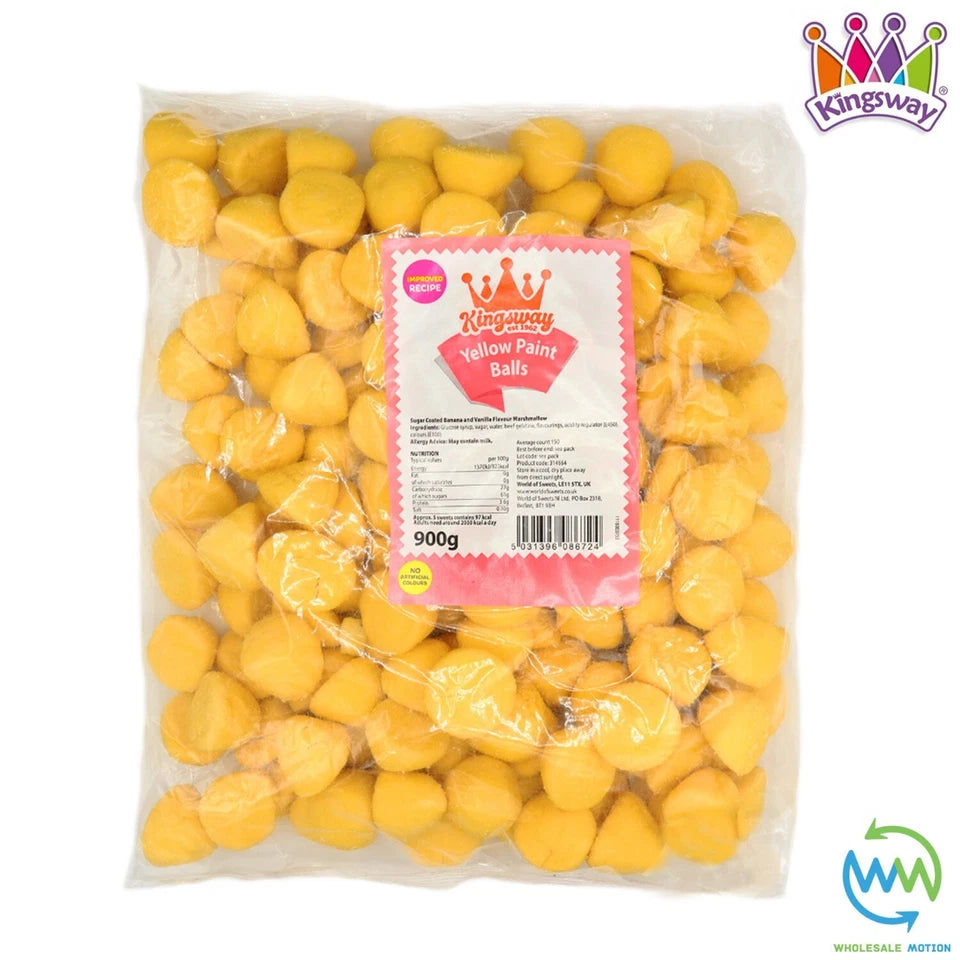YELLOW PAINT BALLS Sweets BANANA Gummy Candy MARSHMALLOW Jelly GUMMIES Jellies SUGAR COATED Mallow Vanilla Snack Kingsway PICK N MIX UK