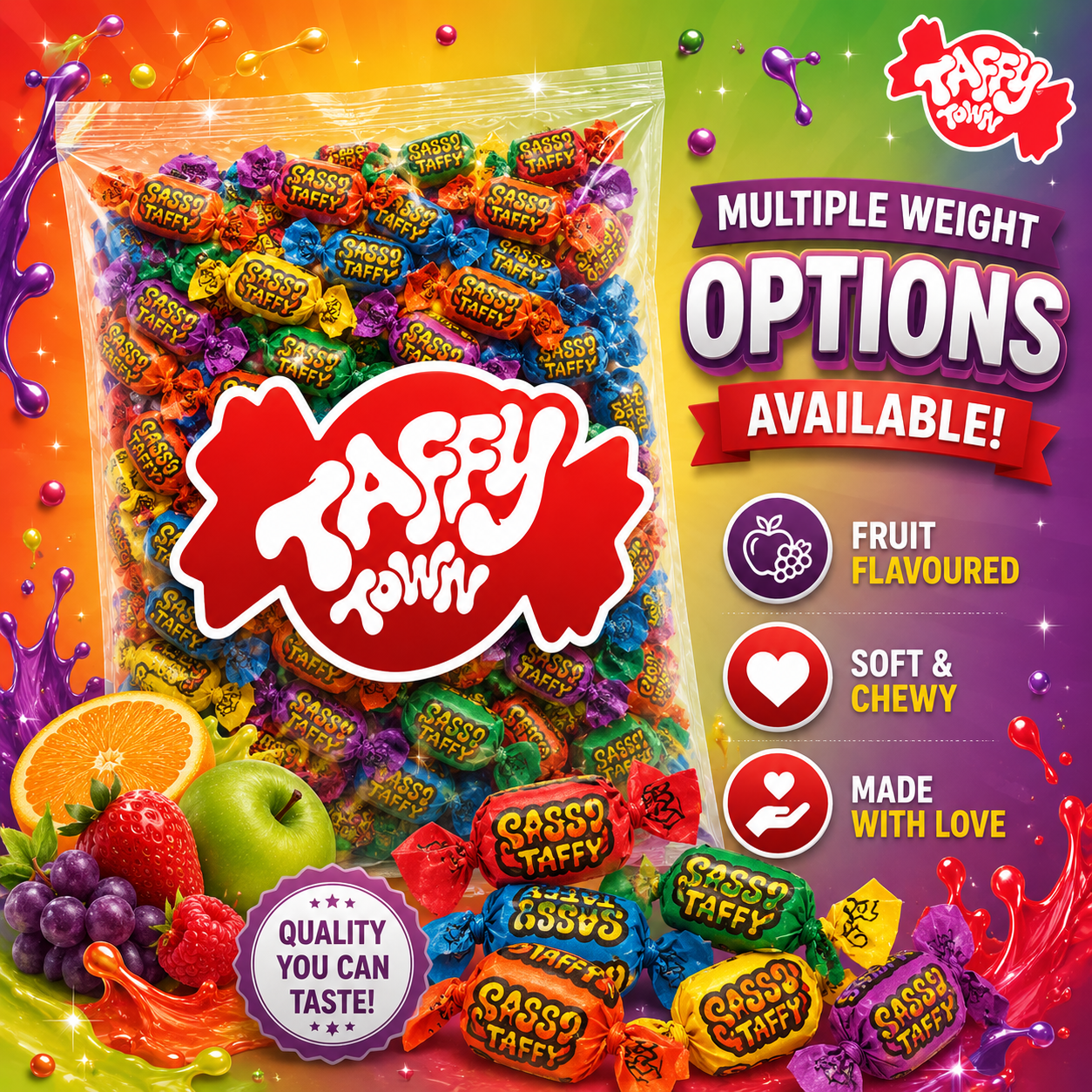 SASSY TAFFY SALT WATER TAFFY Sweets SOFT CANDY Taffies SWEET Chewy Retro Party INDIVIDUALLY WRAPPED Fruity SWEET Candy Gummy Jelly GUMMIES Jellies Snack Fruit Taffies Toffees