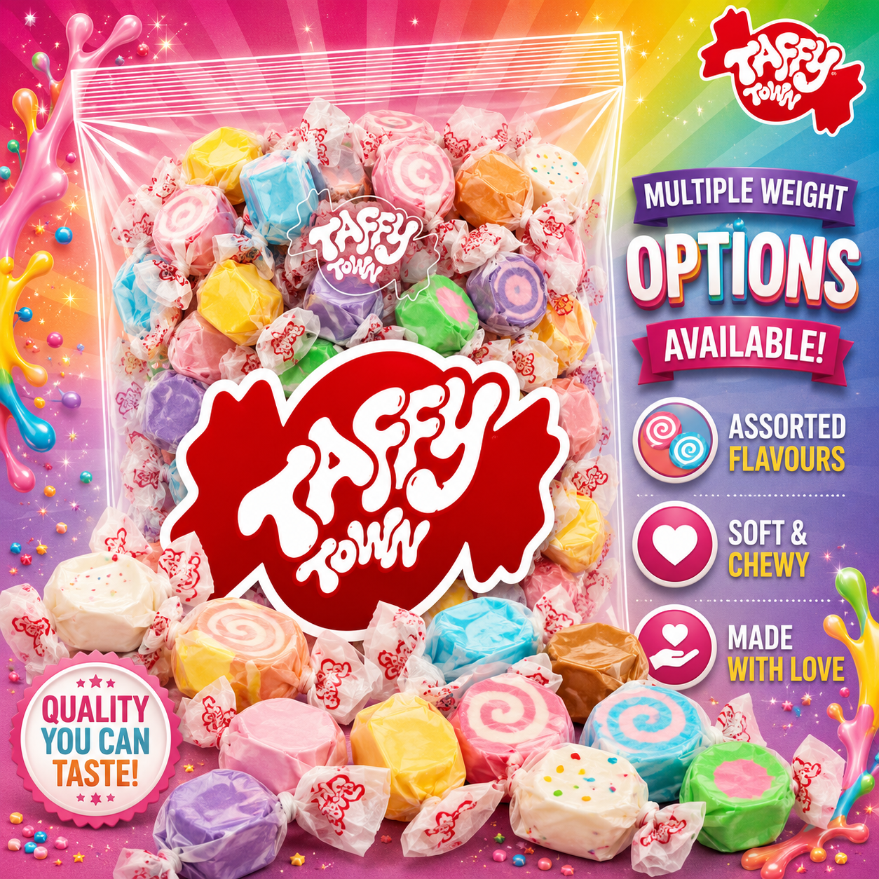 ASSORTED SALT WATER TAFFY Sweets SOFT CANDY Taffies SWEET Chewy Retro Party WRAPPED Fruity SWEET Candy Gummy Jelly Snack Fruit Taffies Toffees Gummies Jellies GIFT Snack TREAT Wedding Favour Party Bag Filler