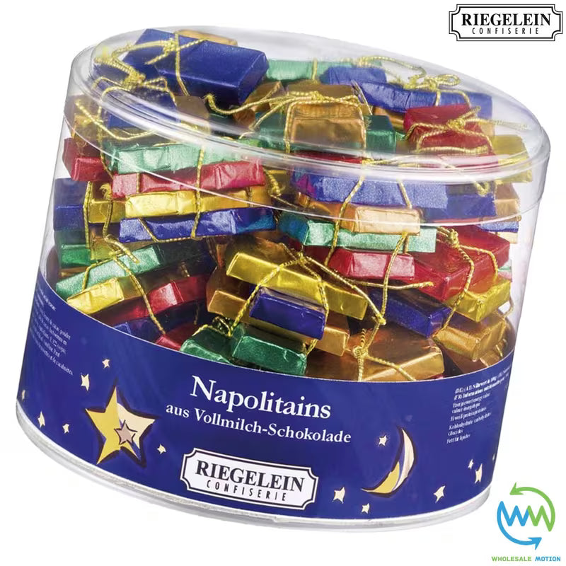 FULL DRUM OF 22 Milk Chocolate NAPOLITAINS Christmas PARCEL TREE DECORATIONS Retro SHINY FOIL Foiled PARCELS SWEETS XMAS Wrapped FESTIVE Red Green White SANTA Riegelein 12.28g