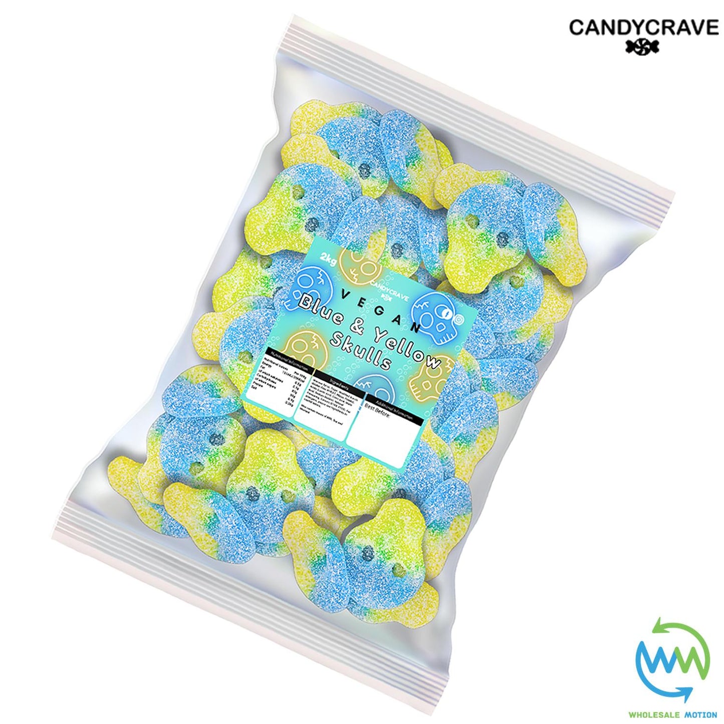 FIZZY BLUE & YELLOW SKULLS HALLOWEEN Sweets LEMON & PEACH Flavour GUMMY Candy Jelly Jellies CANDYCRAVE Gummies PICK N MIX Snack Bonbon Sugar pick and mix  sweets