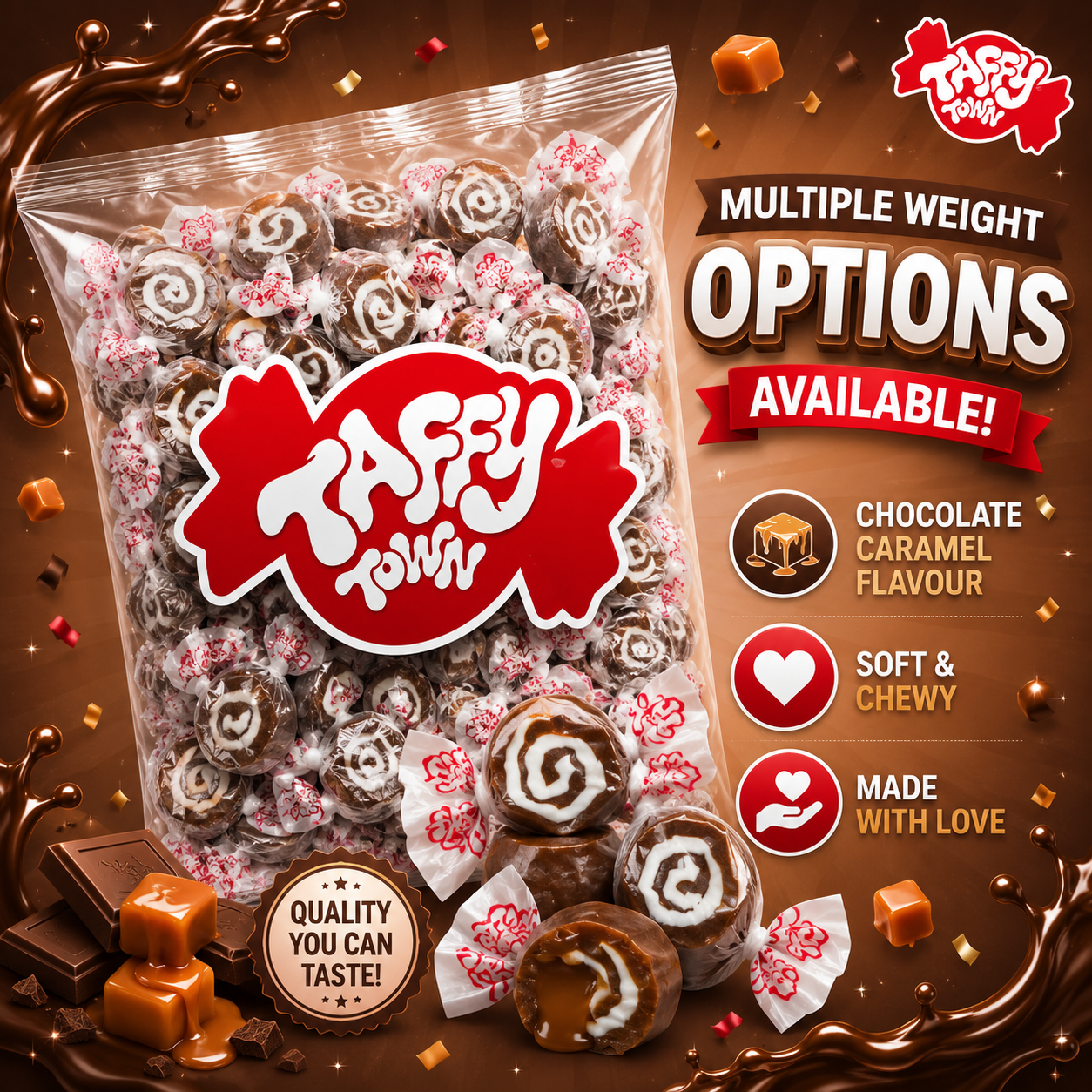 CHOCOLATE CARAMEL SALT WATER TAFFY Sweets SOFT CANDY Taffies SWEET Chewy CHOC Retro Party INDIVIDUALLY WRAPPED Fruity SWEET Candy Gummy Jelly Candies GUMMIES Jellies Snack Fruit Taffies Toffees