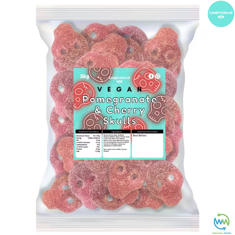 FIZZY POMEGRANATE & CHERRY SKULLS Sweets GUMMY Jelly CANDY Jellies GUMMIES Sugar Coated Fruit FRUITY Skull Snack WEDDING GIFT Party Bag Filler CANDIES PICK N MIX UK Candycrave