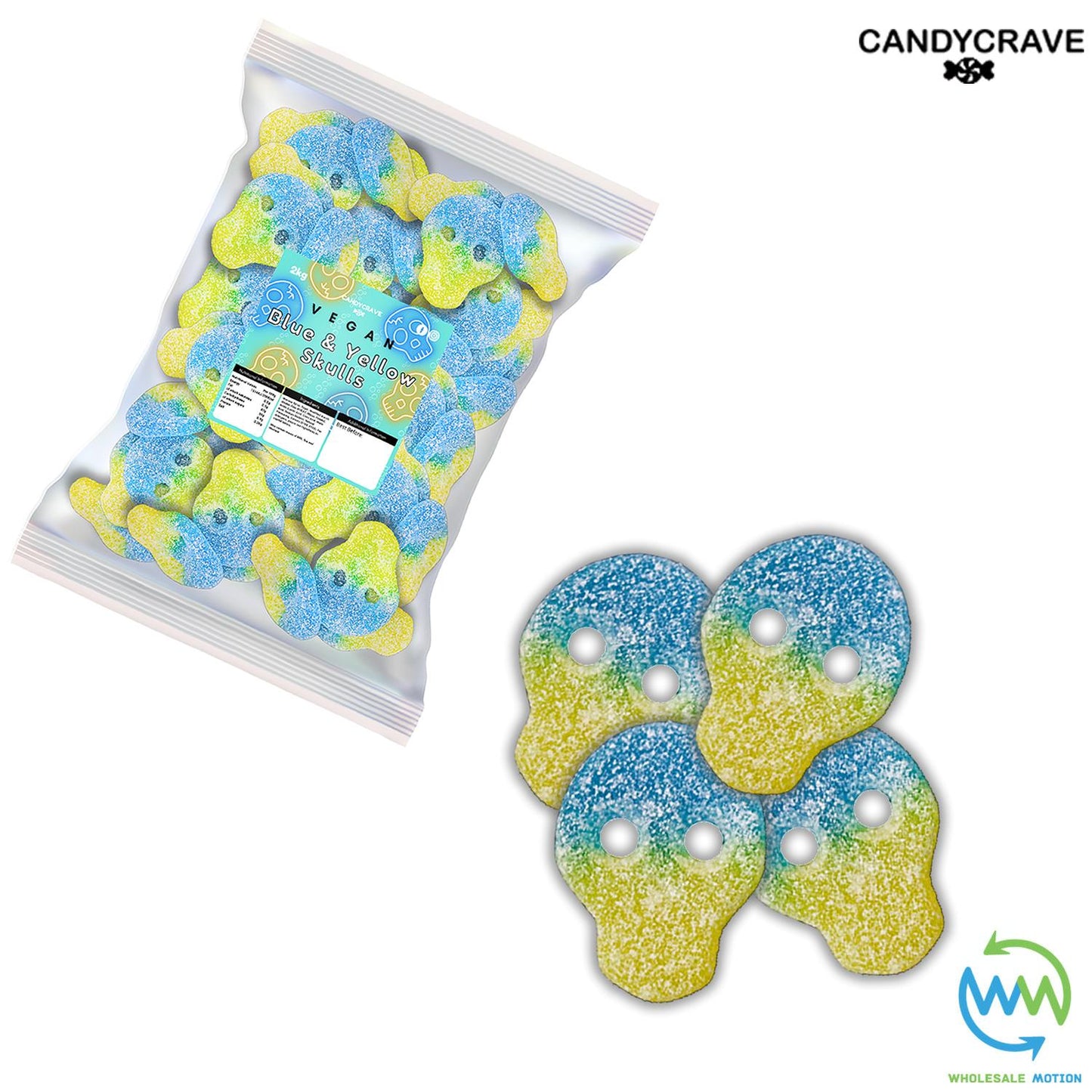 FIZZY BLUE & YELLOW SKULLS HALLOWEEN Sweets LEMON & PEACH Flavour GUMMY Candy Jelly Jellies CANDYCRAVE Gummies PICK N MIX Snack Bonbon Sugar pick and mix  sweets