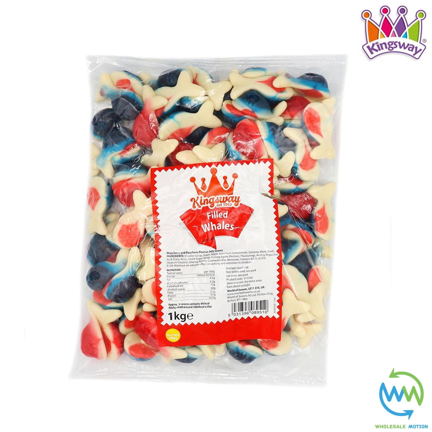 JELLY FILLED WHALES Sweets GUMMY Candy Gummies Fruit JELLIES Kingsway PICK N MIX Candies Snack Blue Raspberry Red Strawberry