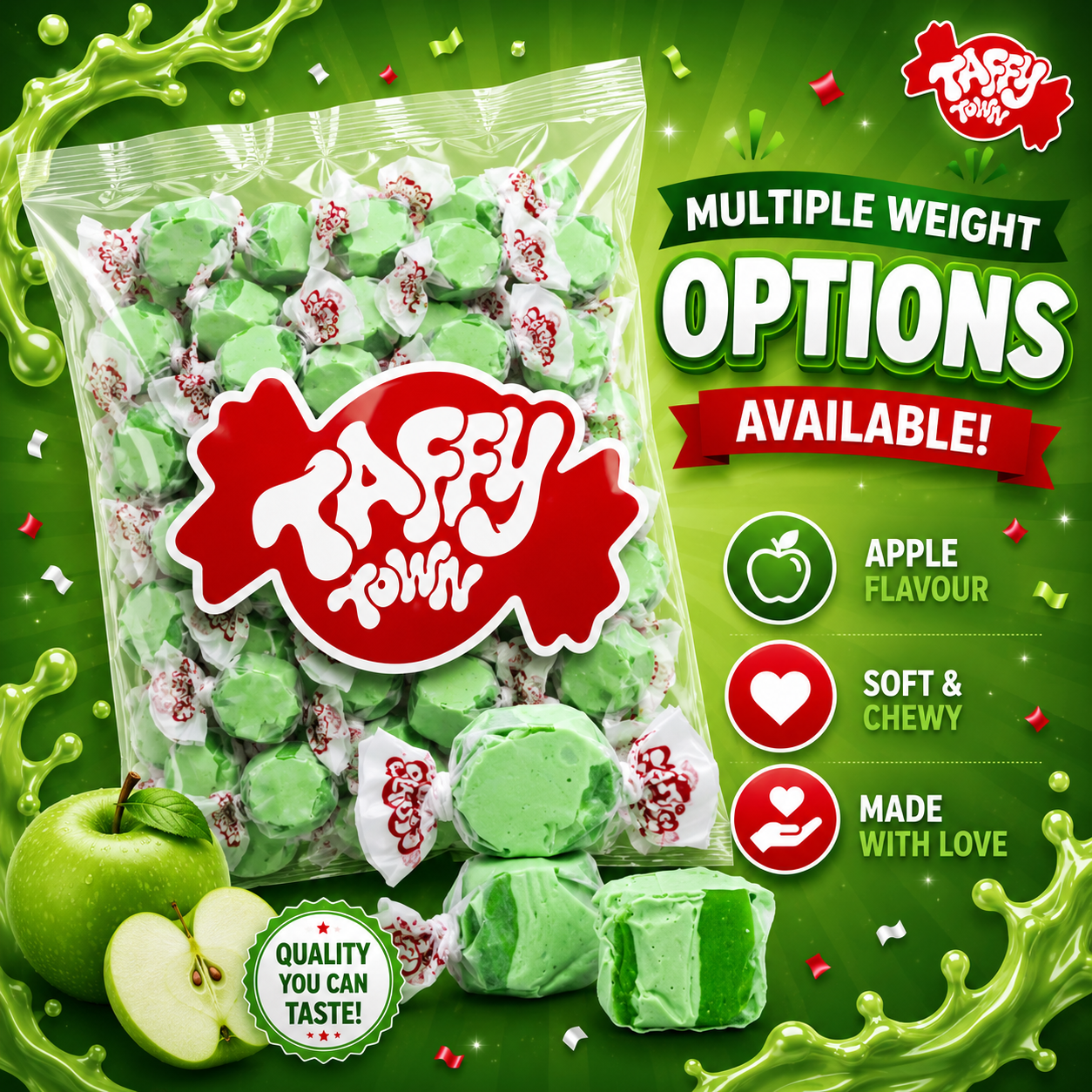 GREEN APPLE SALT WATER TAFFY Sweets SOFT CANDY Taffies SWEET Chewy Mint MINTY Retro Party INDIVIDUALLY WRAPPED Fruity SWEET Candy Gummy Jelly GUMMIES Jellies Snack Fruit Taffies Toffees