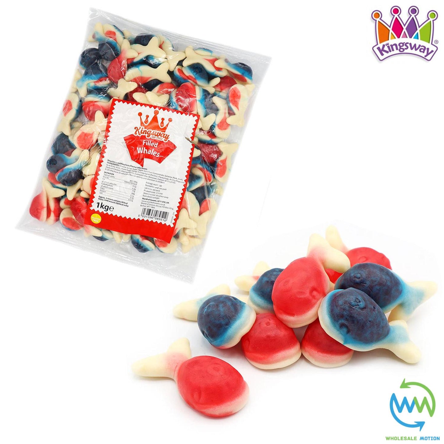JELLY FILLED WHALES Sweets GUMMY Candy Gummies Fruit JELLIES Kingsway PICK N MIX Candies Snack Blue Raspberry Red Strawberry