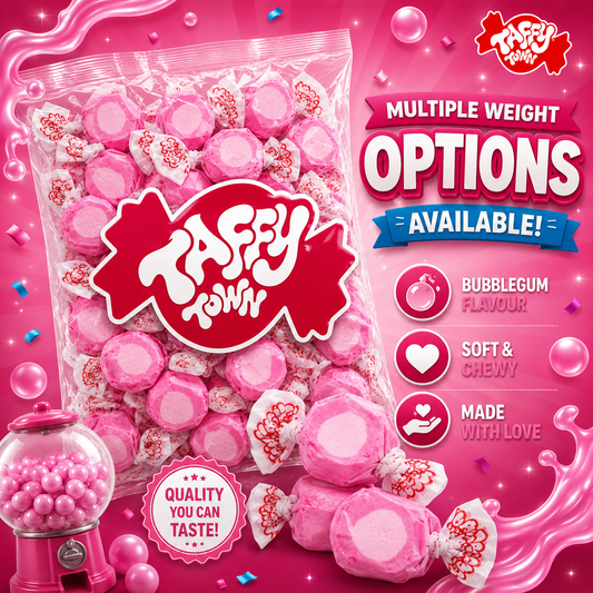 BUBBLEGUM SALT WATER TAFFY Sweets SOFT CANDY Taffies SWEET Chewy Bubble Gum Retro Party INDIVIDUALLY WRAPPED Fruity SWEET Candy Gummy Jelly GUMMIES Jellies Snack Fruit Taffies Toffees