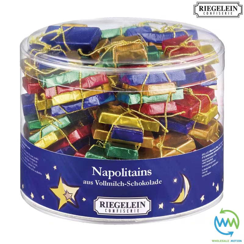 FULL DRUM OF 22 Milk Chocolate NAPOLITAINS Christmas PARCEL TREE DECORATIONS Retro SHINY FOIL Foiled PARCELS SWEETS XMAS Wrapped FESTIVE Red Green White SANTA Riegelein 12.28g