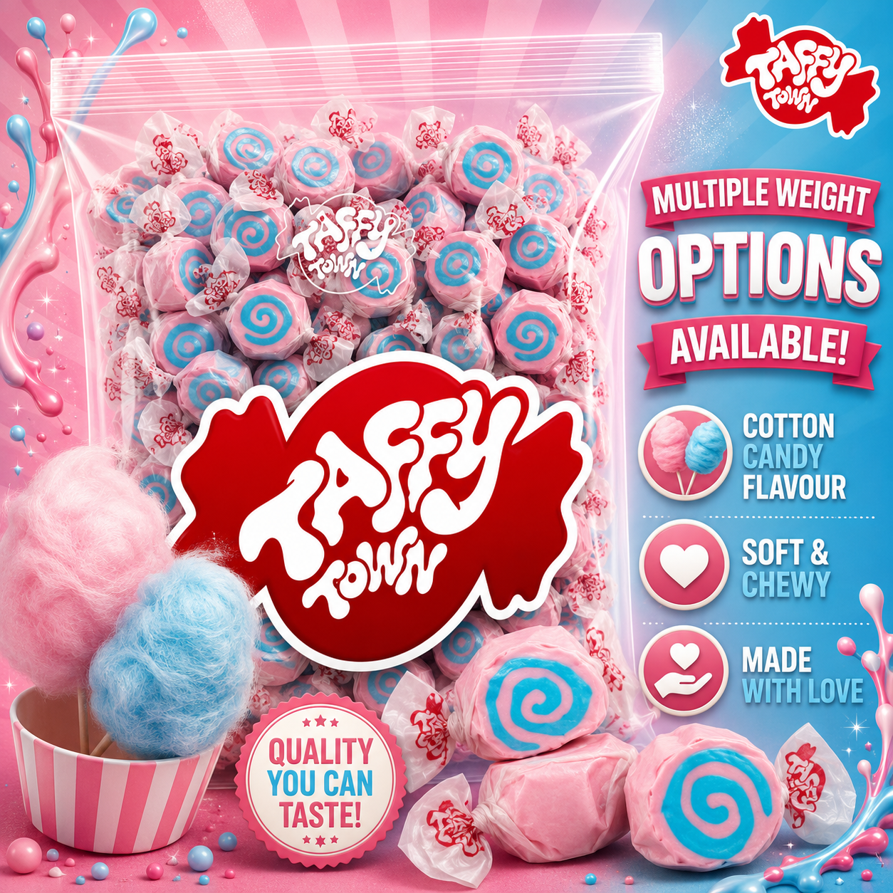 COTTON CANDY SALT WATER TAFFY Sweets SOFT CANDY Taffies SWEET Chewy Retro Party WRAPPED Fruity SWEET Candy Gummy Jelly Snack Fruit Taffies Toffees Gummies Jellies GIFT Snack TREAT Wedding Favour Party Bag Filler