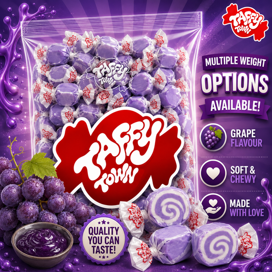 GRAPE SALT WATER TAFFY Sweets SOFT CANDY Taffies SWEET Chewy Retro Party WRAPPED Fruity SWEET Candy Gummy Jelly Snack Fruit Taffies Toffees Gummies Jellies GIFT Snack TREAT Wedding Favour Party Bag Filler