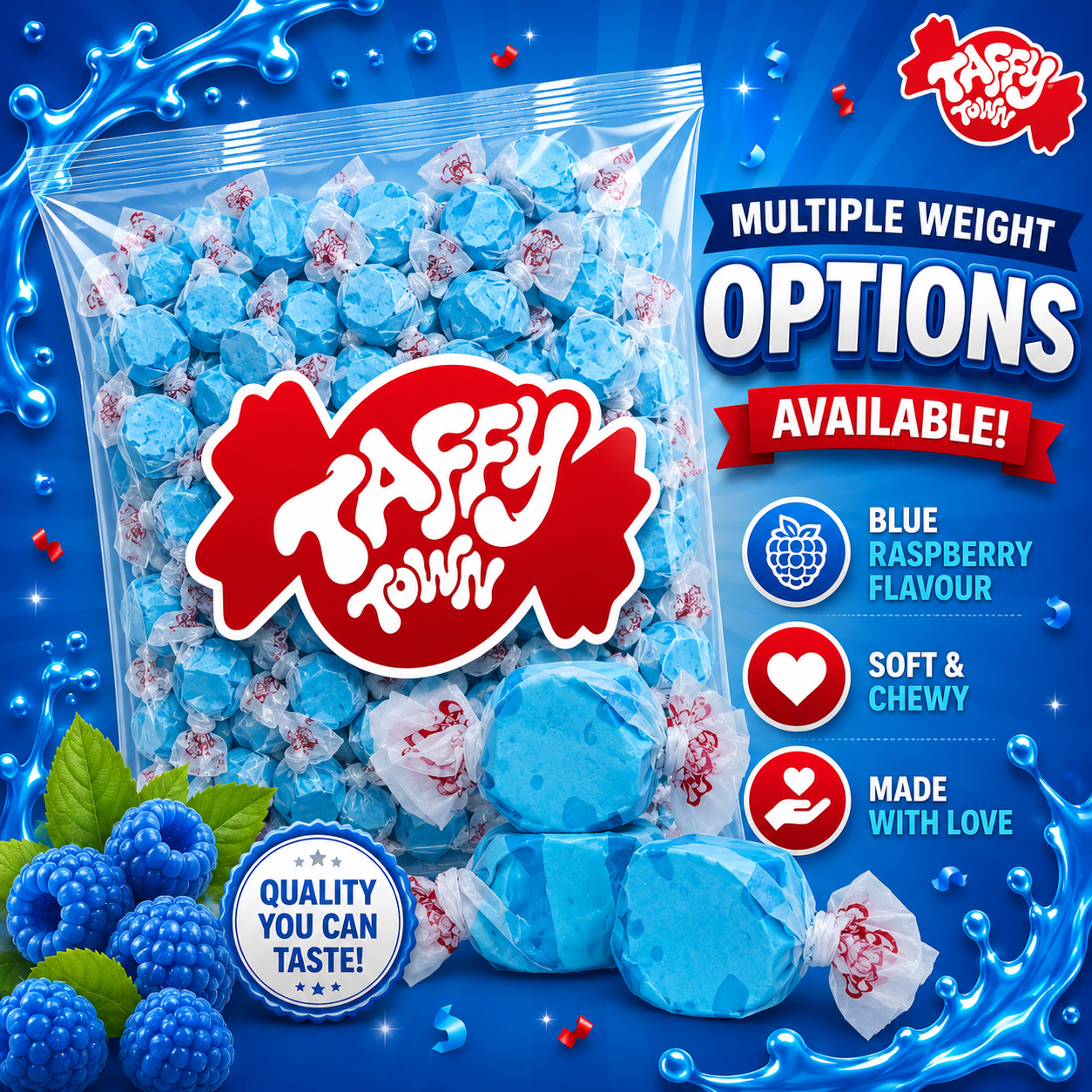 BLUE RASPBERRY SALT WATER TAFFY Sweets SOFT CANDY Taffies SWEET Chewy Mint MINTY Retro Party INDIVIDUALLY WRAPPED Fruity SWEET Candy Gummy Jelly GUMMIES Jellies Snack Fruit Taffies Toffees