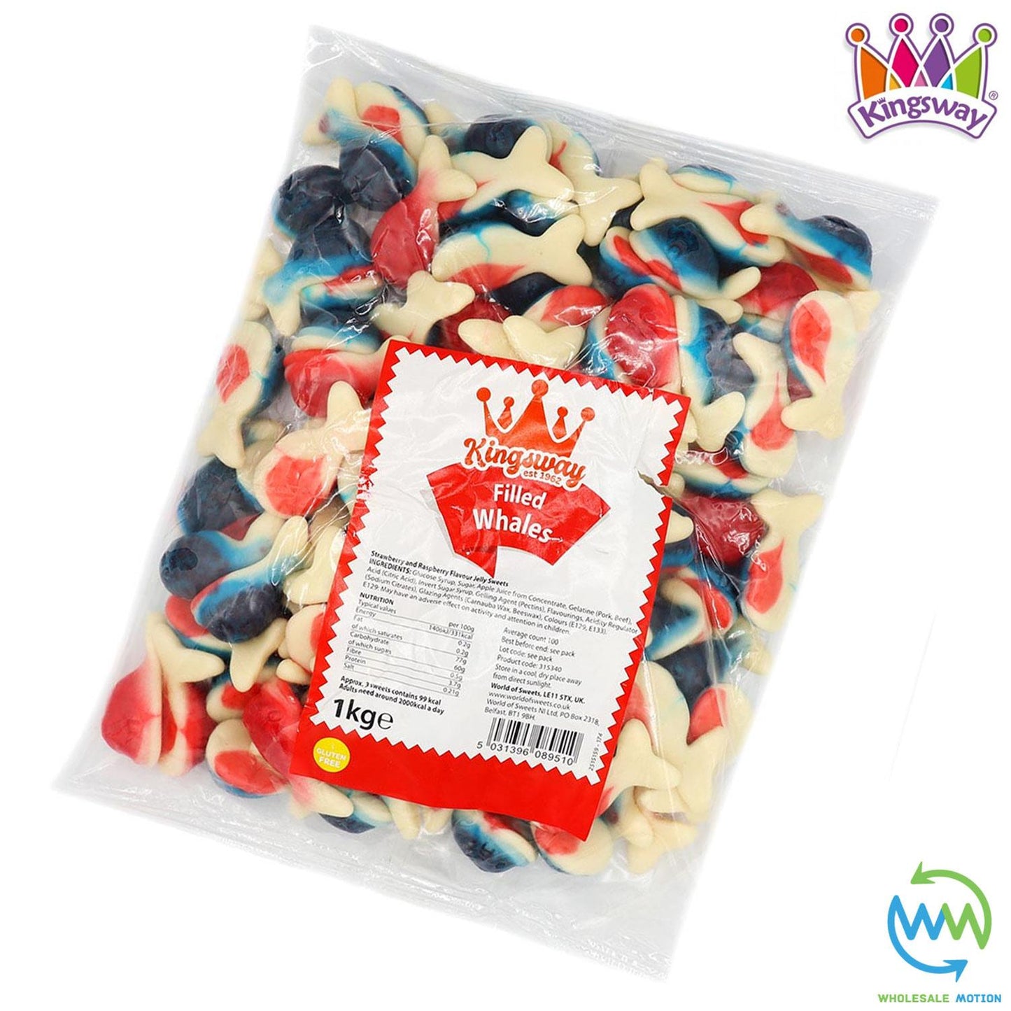 JELLY FILLED WHALES Sweets GUMMY Candy Gummies Fruit JELLIES Kingsway PICK N MIX Candies Snack Blue Raspberry Red Strawberry