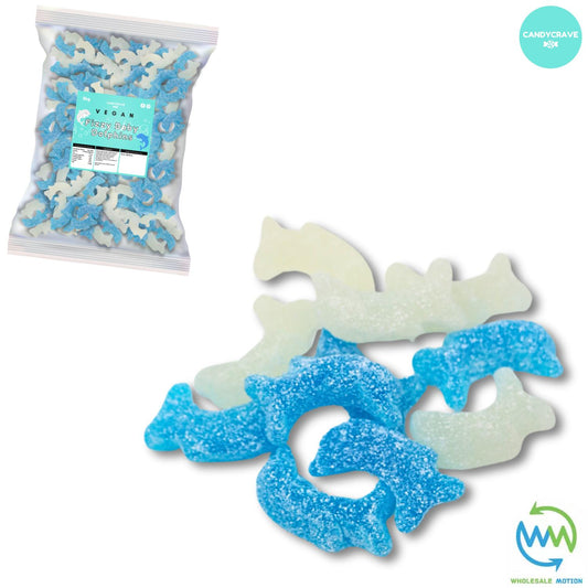 FIZZY BABY DOLPHINS Sweets MANGO & PEACH Candy Jelly GUMMY Jellies GUMMIES Sugar Coated Snack WEDDING GIFT Party Bag Filler CANDIES Candycrave PICK N MIX UK Treat