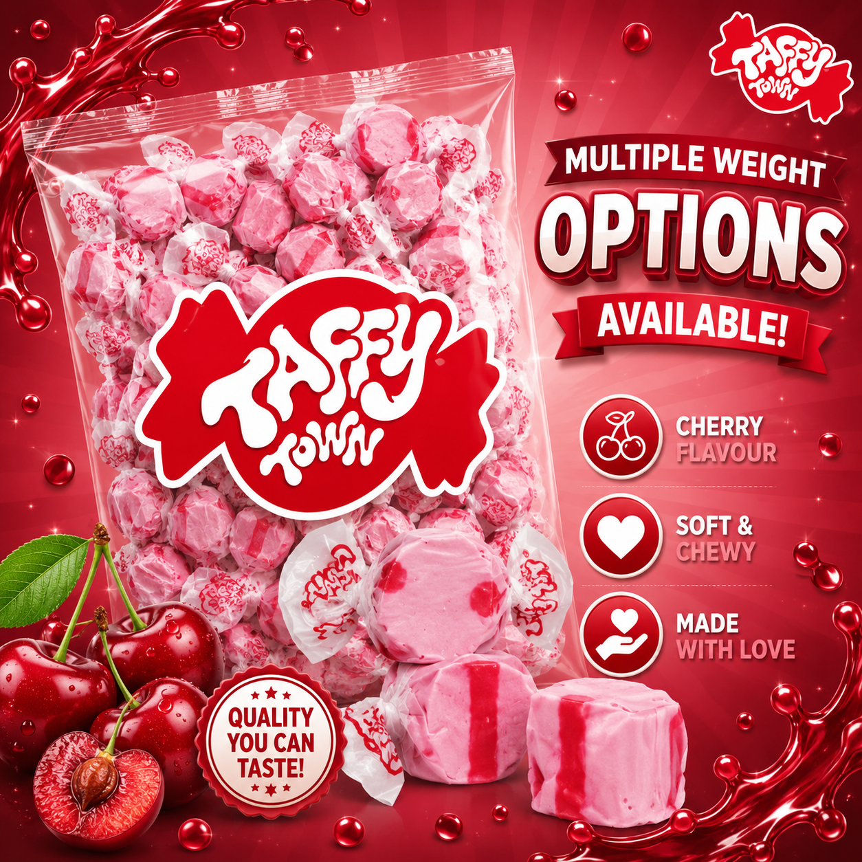 CHERRY SALT WATER TAFFY Sweets SOFT CANDY Taffies SWEET Chewy Mint MINTY Retro Party INDIVIDUALLY WRAPPED Fruity SWEET Candy Gummy Jelly GUMMIES Jellies Snack Fruit Taffies Toffees