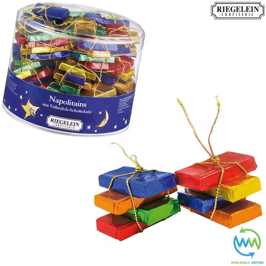 FULL DRUM OF 22 Milk Chocolate NAPOLITAINS Christmas PARCEL TREE DECORATIONS Retro SHINY FOIL Foiled PARCELS SWEETS XMAS Wrapped FESTIVE Red Green White SANTA Riegelein 12.28g