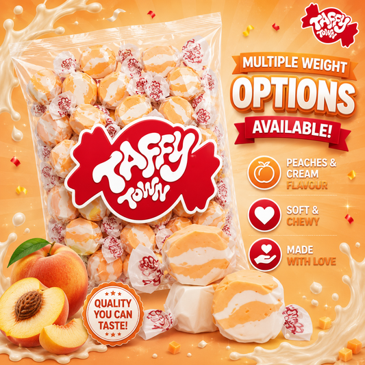 PEACHES & CREAM SALT WATER TAFFY Sweets SOFT CANDY Taffies SWEET Chewy PEACH Creamy Retro Party INDIVIDUALLY WRAPPED Fruity SWEET Candy Gummy Jelly GUMMIES Jellies Snack Fruit Taffies Toffees