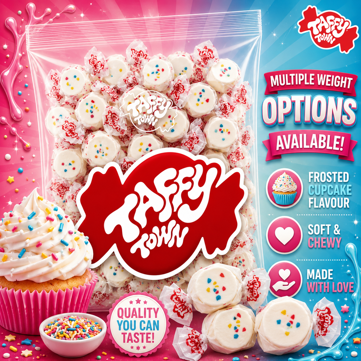 FROSTED CUPCAKE SALT WATER TAFFY Sweets SOFT CANDY Taffies SWEET Chewy Retro Party WRAPPED Fruity SWEET Candy Gummy Jelly Snack Fruit Taffies Toffees Gummies Jellies GIFT Snack TREAT Wedding Favour Party Bag Filler