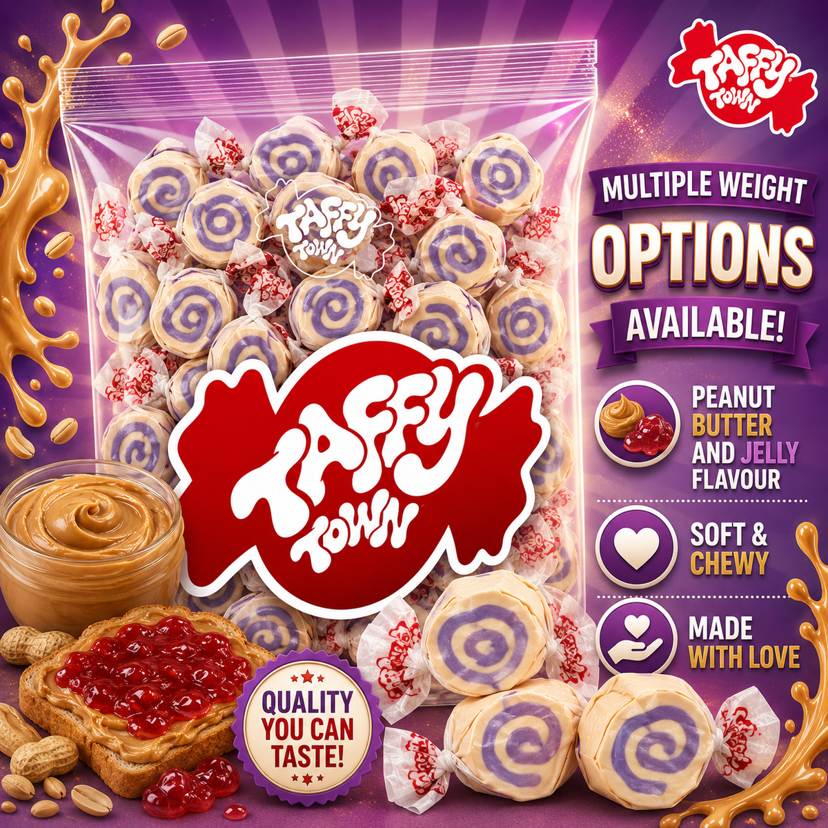 PEANUT BUTTER SALT WATER TAFFY Sweets SOFT CANDY Taffies SWEET Chewy Retro Party INDIVIDUALLY WRAPPED Fruity SWEET Candy Gummy Jelly GUMMIES Jellies Snack Fruit Taffies Toffees