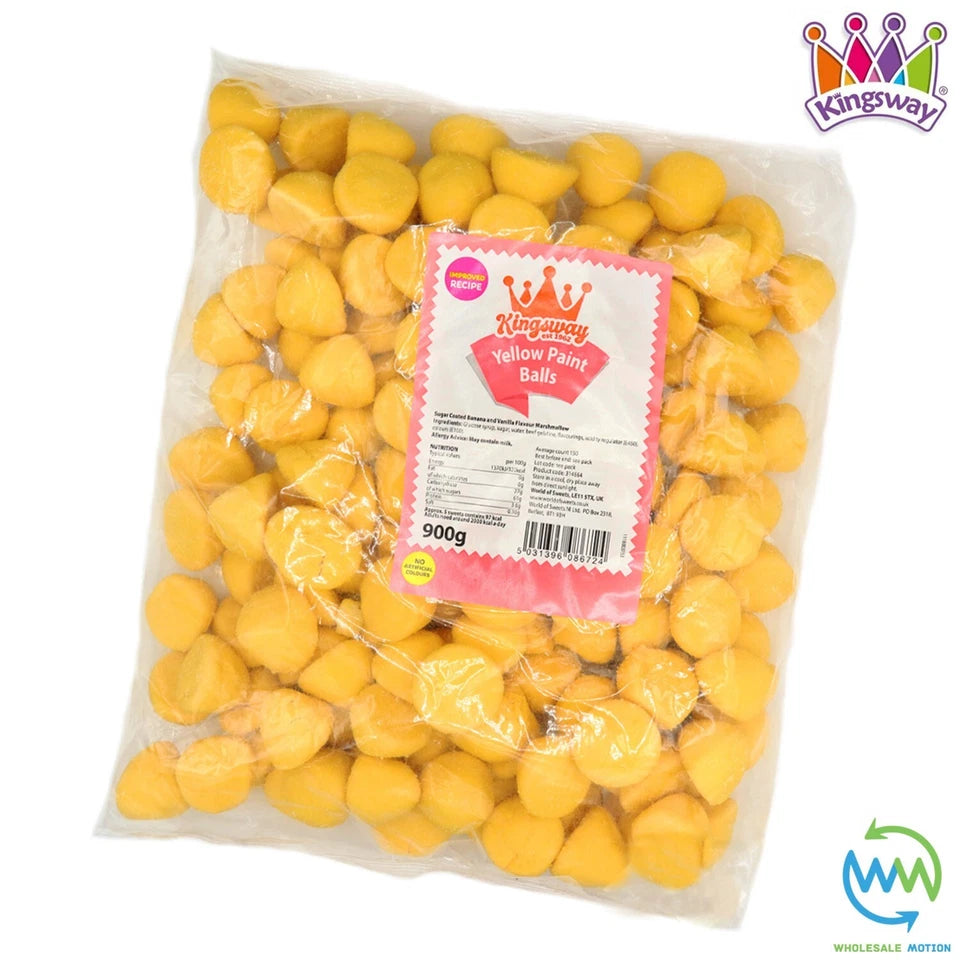 YELLOW PAINT BALLS Sweets BANANA Gummy Candy MARSHMALLOW Jelly GUMMIES Jellies SUGAR COATED Mallow Vanilla Snack Kingsway PICK N MIX UK