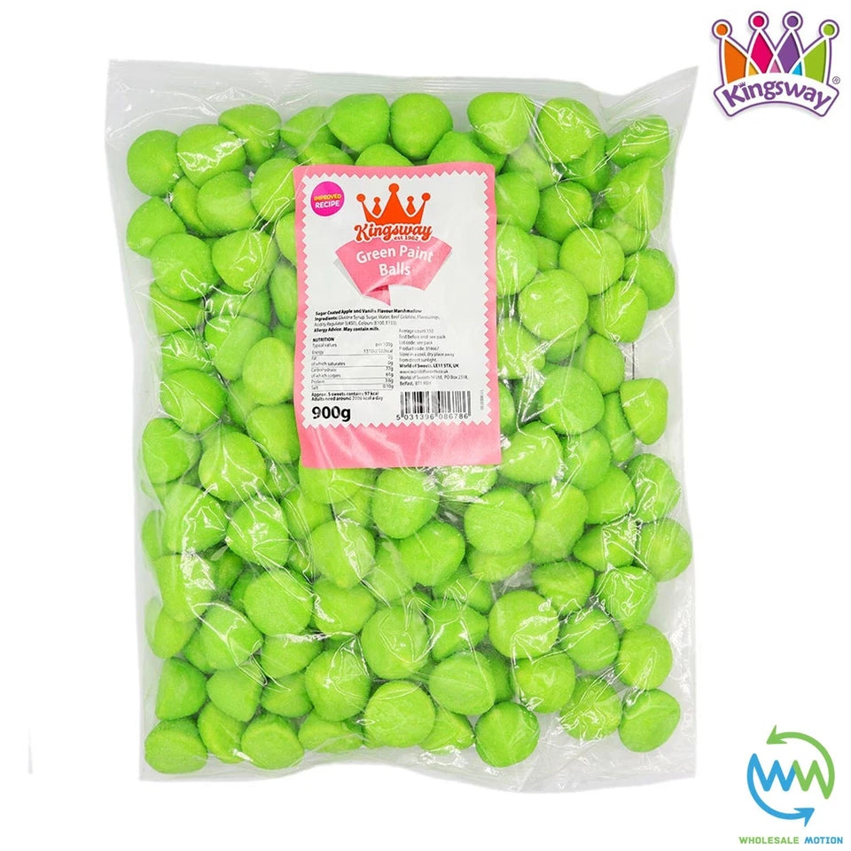 GREEN PAINT BALLS Sweets APPLE Gummy Candy MARSHMALLOW Jelly GUMMIES Jellies SUGAR COATED Mallow Vanilla Snack Kingsway PICK N MIX UK