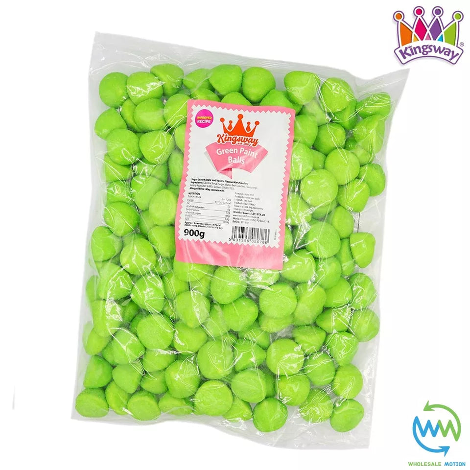 GREEN PAINT BALLS Sweets APPLE Gummy Candy MARSHMALLOW Jelly GUMMIES Jellies SUGAR COATED Mallow Vanilla Snack Kingsway PICK N MIX UK